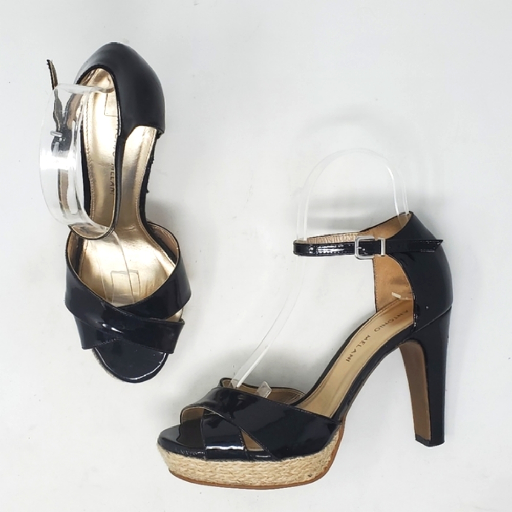 ANTONIO MELANI Black Patent Leather Strappy Heel Sandals Size 7.5